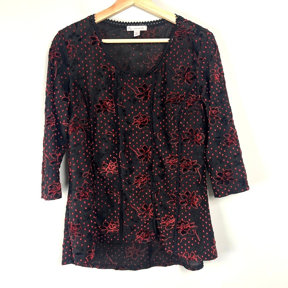 CB Red Black Floral Flocked Velvet Mesh Top Petite L 3/4 Sleeve Festive Dressy